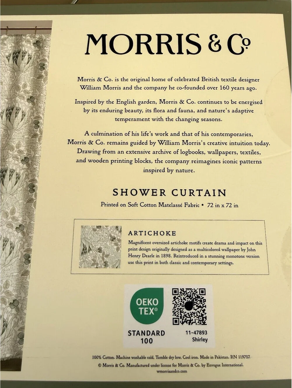 Morris & Co Artichoke Floral Teal Gray Cotton Matelasse Fabric Shower Curtain
